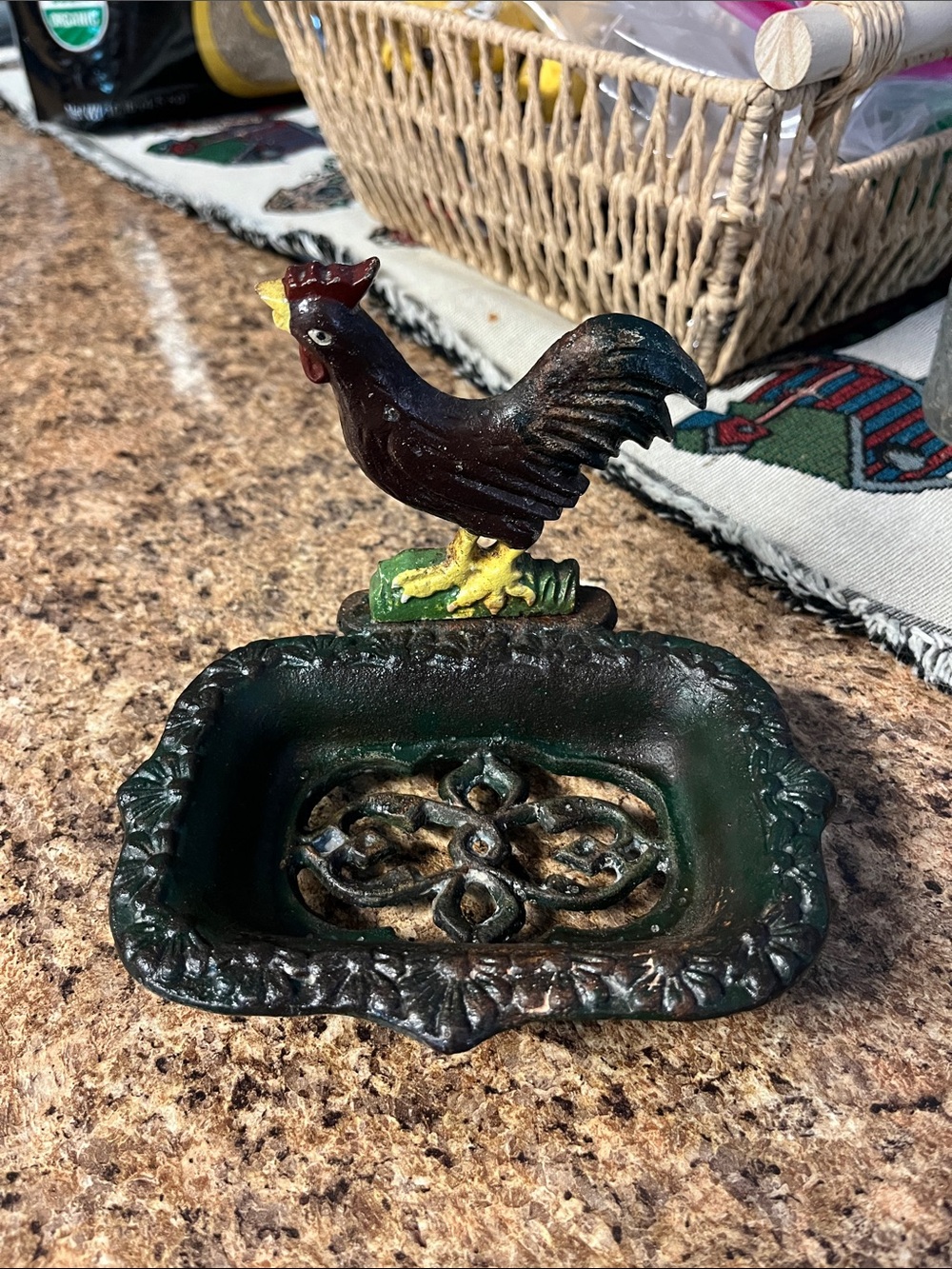 Cast Iron Rooster Trinket Dish - Green and Brown